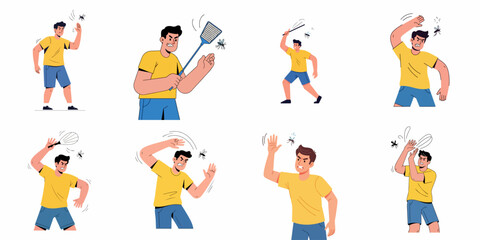 Fototapeta premium Angry man swatting mosquitoes and annoying flying insects, using hands and a fly swatter, illustrating frustration and pest control efforts in eight different poses.