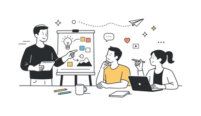 Creative Team Leadership. Creative agency leadership. A creative lead guiding the team with clear gestures and visual references. Supportive direction and