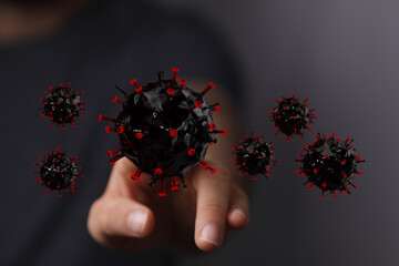 Hand reaching out to touch simulated virus molecules for healthcare or global crisis concepts. Covid-19 illust