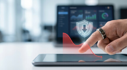 AI investment loss concept with hand pointing on tablet screen and broken shield icon symbolizing financial decline risk