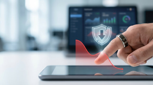 AI investment loss concept with hand pointing on tablet screen and broken shield icon symbolizing financial decline risk - Powered by Adobe