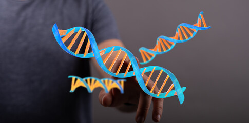 Abstract image representing DNA strands interacting with hand, signifying genetic research and exploration. Su