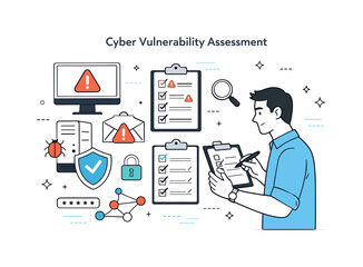 Cybersecurity Evaluation Process. Cyber vulnerability assessment. Professional reviewing system components with checklists and alert icons, careful and