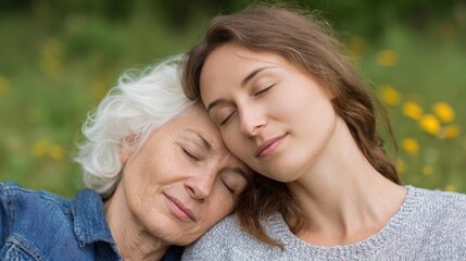 Fototapeta premium Elderly woman and a young woman sleeping together in a field of yellow flowers. the elderly woman is on the left side of the image, with her head resting on the younger woman's shoulder.