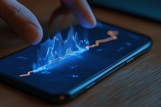 Person hand interact with smartphone displaying a glowing digital financial graph and data on screen, representing market analysis and technology - Powered by Adobe