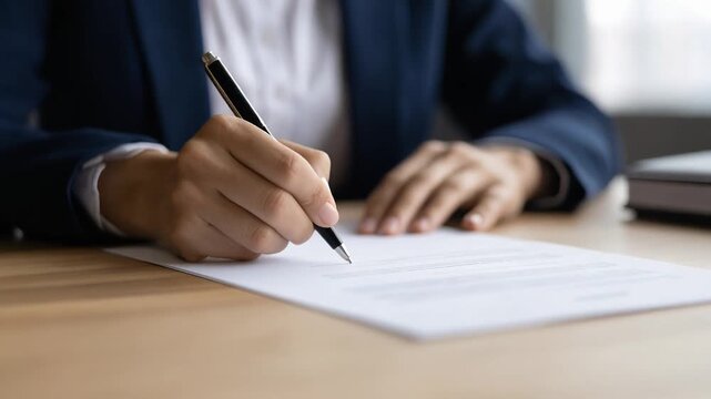 書類にペンで署名する手元が契約や合意の瞬間を示すビジネスシーン