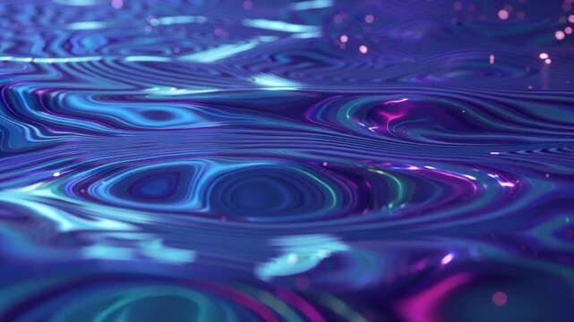 Abstract 3D deep blue water surface floating infinite space, concentric ripples floating glowing particles, reflective semi-transparent water plane cosmic neon lighting glows flowing motion reflection