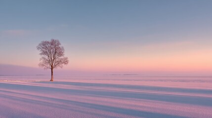 Lone tree on a snowy field at dawn with a pastel horizon, long shadows, and tranquil cinematic winter calm.
