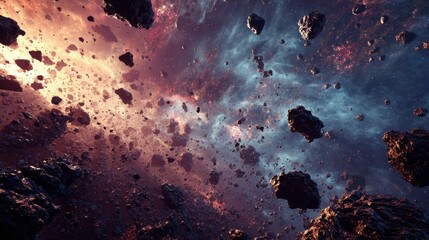 Asteroid field in deep space with rocky fragments streaking past a glowing nebula and a dramatic cinematic sci fi atmosphere.

