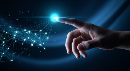 Digital Synergy Concept - Human Hand Reaching Out to Touch a Glowing Neural Network Point Representing Data Synergy