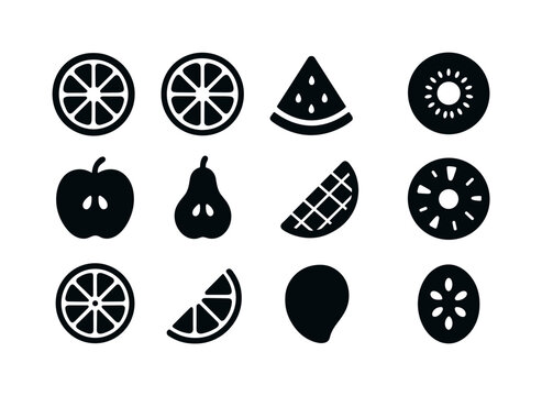 Fruit Slice Icons. Fruit slices. Solid icon set of fruit slices: orange slice, lemon slice, watermelon wedge, kiwi slice, apple slice, pear slice, mango slice,