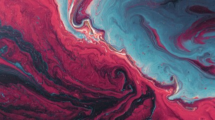 Obraz premium Abstract fluid paint texture with deep reds and electric blues, swirling marbled motion, glossy highlights, and ultra-detailed flow patterns. 
