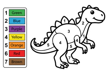 Coloring page of a dinosaur with numbered sections for children  