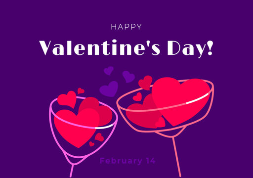 Two glasses with romantic hearts. Vector illustration for Valentines day on purple background