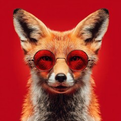 Fototapeta premium Cute fox portrait wearing round red sunglasses against a bold red background with crisp fur texture and playful fashion attitude. 