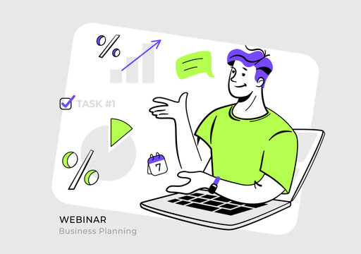Online business webinar with professional coach into a laptop. Vector illustration of male tutor explaining a business analytics and planning remotely