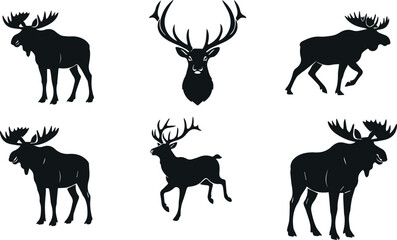 Majestic Antlered Animals Moose and Deer Silhouettes