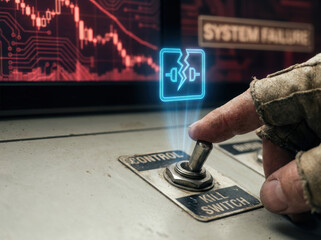 Kill switch control button with hand pressing and system failure warning on screen representing ai investment loss risk in technology management