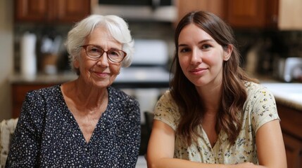 Fototapeta premium Elderly woman and a young woman sitting in a kitchen. the elderly woman is on the left side of the image, wearing a black dress with white polka dots and glasses.