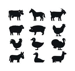 Obraz premium Farm Animal Icons. Farm animals. Solid icon set of farm animals: cow, horse, goat, sheep, pig, chicken, rooster, duck, turkey, donkey, goose, llama. Filled