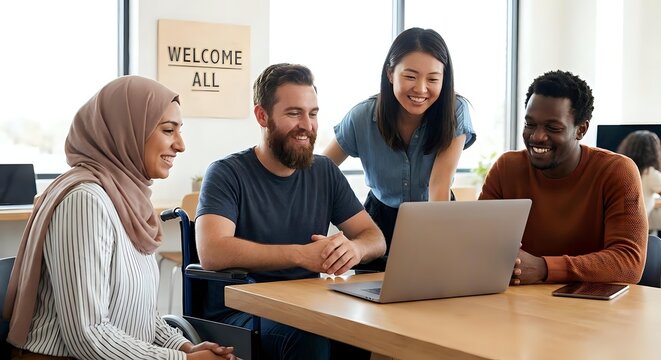Diverse team of young professionals collaborating on laptop in modern office with welcome all sign promoting workplace inclusion and teamwork.