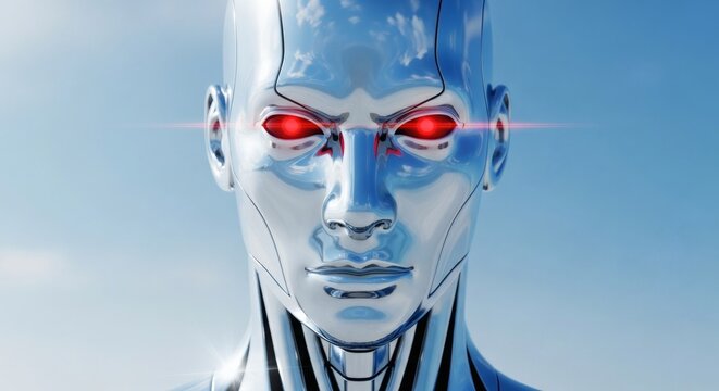 Close-up of a chrome-plated humanoid robot's face with glowing red eyes, set against a clear blue sky