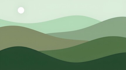 Obraz premium Minimalist Green Rolling Hills Landscape Illustration with Sun, Abstract Layered Mountains Background in Earth Tones for Nature Branding, Eco Friendly Design, and Modern Serene Wall Decor