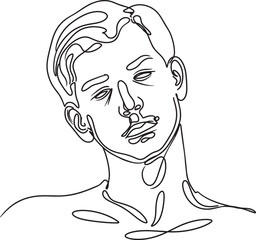 Continuous Line Art Pensive Man Portrait Isolated on White Background