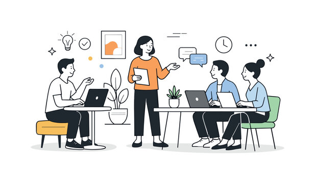 Minimalist Workspace Harmony. Modern minimal work culture. Small group of people collaborating with laptops and simple furniture, relaxed and intentional