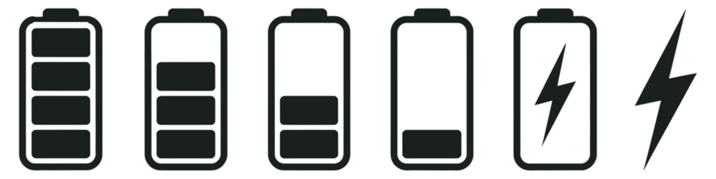 Monochrome battery indicator icons, minimal vector set including battery levels, low power warnings, charging signs, mobile app interface and energy symbols.
