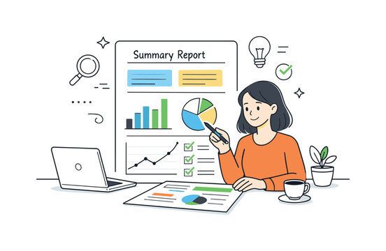 Analyst's Data Insight. Reporting and insights. Analyst preparing a clear report with charts, highlights, and checkmarks, summarizing data findings. Organized