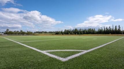 Obraz premium Beautiful landscape of a soccer field. the field is covered in lush green grass and has a white line marking the boundaries of the field.