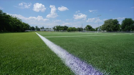 Large grassy field with a white line marking the boundary of the field. the field is surrounded by trees and there are a few buildings visible in the background.