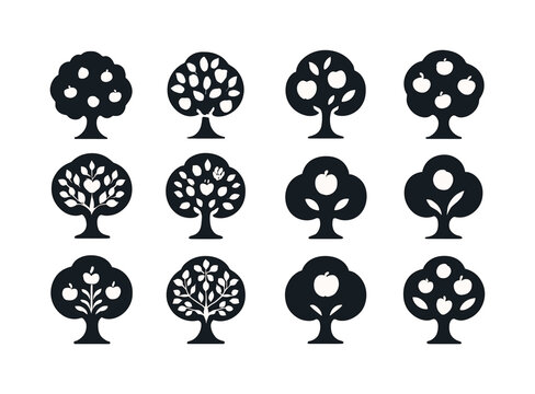 Apple Tree Logos. Apple tree. Icon set. Set Logo of apple tree: full tree silhouette. harmonious logo variations of the same emblematic concept, each with