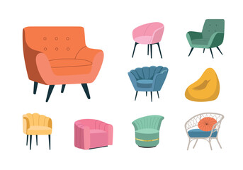 Modern Armchair Set. Colorful Upholstered Furniture Collection in Flat Vector Style