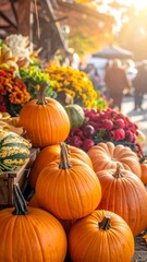 Autumn bounty Pumpkins and flowers bask in sunlight at a seasonal market. Warm, inviting, and full of fall charm