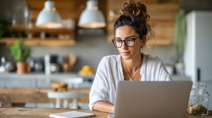 A woman is sitting at a table with a laptop in front of her