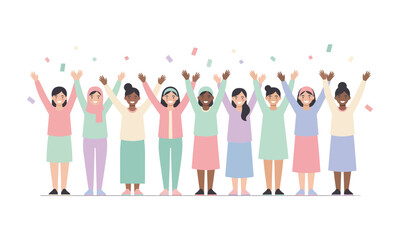 Obraz premium Diverse group of happy women celebrating together with raised hands and confetti, symbolizing unity, success, and female empowerment in a vibrant community