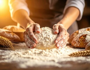 Baker Kneading Dough Flour Covered Hands Warm Sunlight Creates Golden Hour Ambiance Many Loaves of Bread on Table with Wheat Stalks