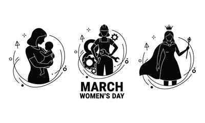 March Women's Day celebration with icons representing motherhood, industry, and royalty, symbolizing empowerment and recognition