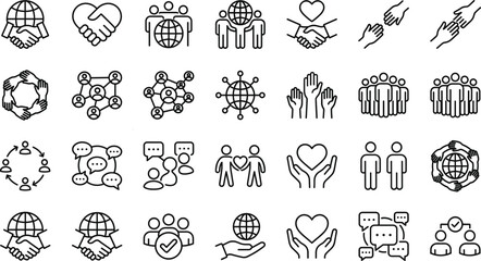 Global community and social connection line icon set featuring teamwork partnership communication support unity collaboration worldwide people networks