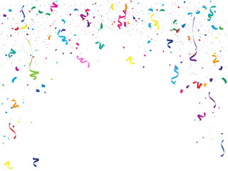 Colorful Confetti and Streamers Falling on White Background, Multicolor Party Streamers and Confetti Celebration, Bright Festive Confetti with Curly Ribbons