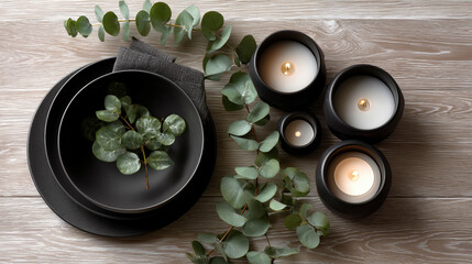 A table with a black plate and a bunch of green leaves