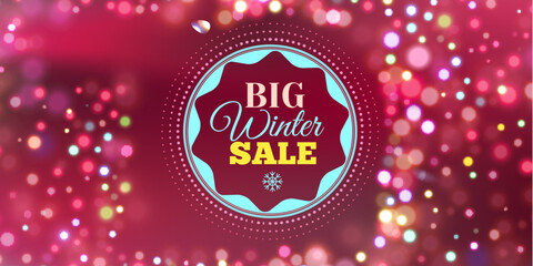 Horizontal winter sale banner with colorful bokeh lights creating a festive glowing atmosphere. Bright modern design perfect for online advertising, website headers, social media promotions and sales