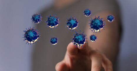 Artistic depiction of a finger pointing towards a digital rendering of a virus, representing the impact of dis