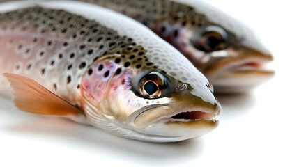 Fresh Atlantic salmon fish with spotted skin pattern and orange fins on white background isolated for culinary and seafood industry use.