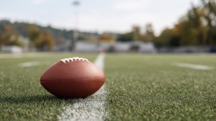 American football on a football field. the football is in the center of the image, with the white lines of the field clearly visible.