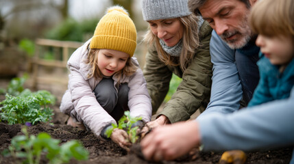 A family of four is planting a garden together