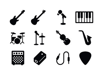 Obraz premium Instrument Icon Set. Instrument recording. Solid icon set of Instrument recording: guitar silhouette, bass guitar, acoustic guitar mic, piano keys, drum set,