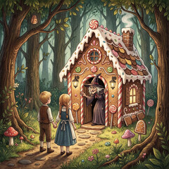 Hansel and gretel approaching witch's gingerbread house in forest